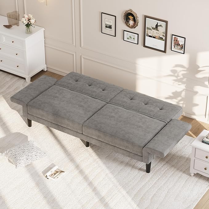IDEALHOUSE 89 Futon Sofa Bed Modern Chenille Sleeper Couch with Adjustable Backrest &amp Armrest Convertible Futon Couch for Living Room Bedroom Apartments Silver Gray