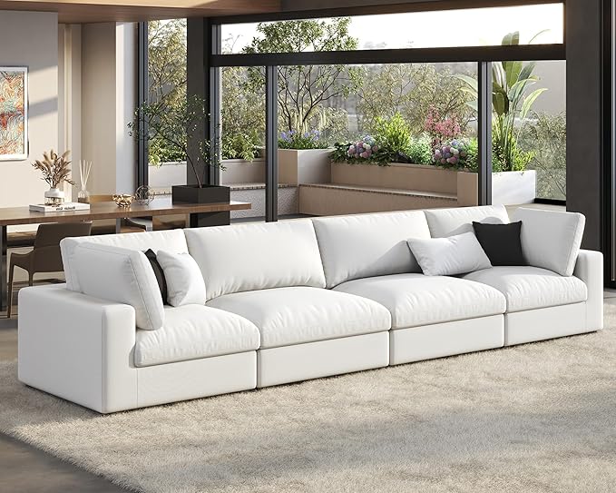 PaPaJet Modular Sectional Sofa 152 Inches Down Filled Sectional Sofa 4 Seats Oversized Comfy Couch for Living Room White Linen Cloud Couch Set