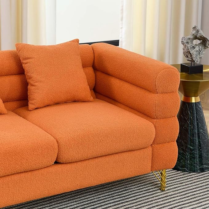 Antetek L-Shaped Sectional Couches Modern Teddy Fabric Upholstered Chaise Lounge Sofa Couch with Square Arm and 4 Golden Metal Legs for Living Room Office Orange