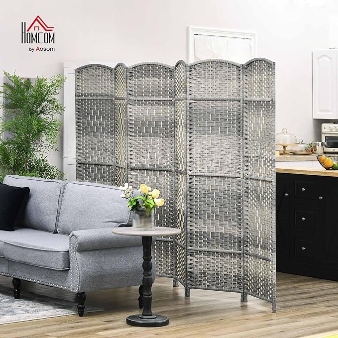 HOMCOM Room Divider 6 Ft 6 Panel Folding Privacy Screen Hand-Woven PP Wall Partition with Pine Wood Frame Freestanding Room Separator for Bedroom Home Office No Assembly Mixed Gray