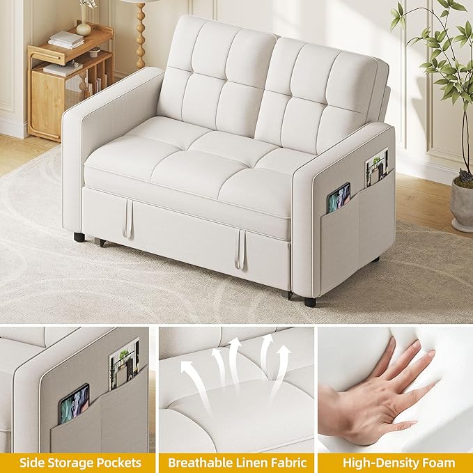 YITAHOME 55 Convertible Sofa Bed 3-in-1 Sleeper Sofa with Iron Frame Pull-Out Bed Linen Futon Couch with Reclining Backrest and Side Pocket Modern Loveseat for Living Room Bedroom Apartment Beige