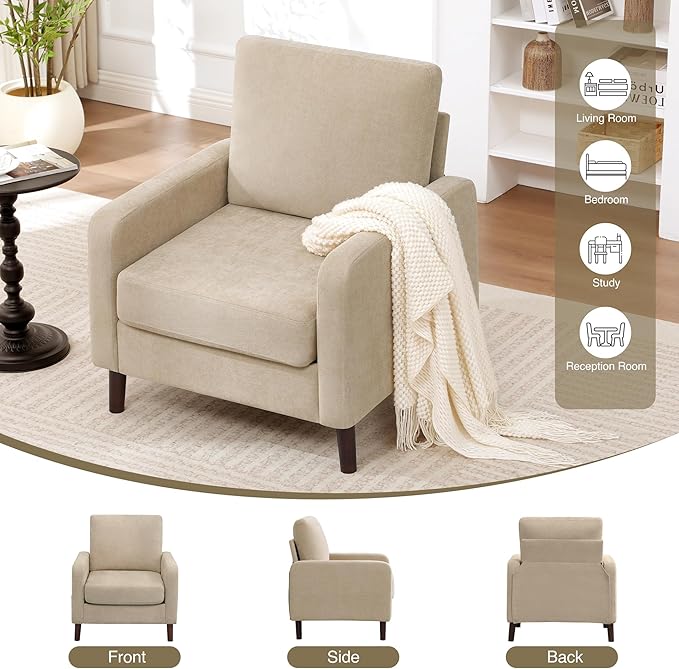 Accent Chair for Living Room Modern Reading Chair for Bedroom Upholstered Armchair with Wood Legs and Side Pockets Single Sofa Side Chair for Office Small Room Apartment Light Brown