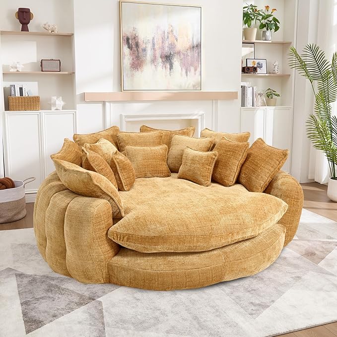81'' Cloud Couches for Living Room Comfy Circle Round Couch Bed with 14 Pillows Upholstered Boneless Couch Oversized Chaise Lounge Chair Indoor Extra Wide Round Daybed Floor Sofa (Yellow)