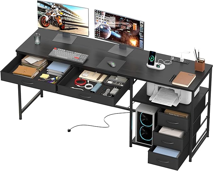 YOSHOOT 60 Computer Desk with 5 Fabric Drawers - Gaming Desk with Storage and Power Outlets Home Office Desk for Adults and Teenagers Working Writing Study Black