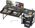 YOSHOOT 60 Computer Desk with 5 Fabric Drawers - Gaming Desk with Storage and Power Outlets Home Office Desk for Adults and Teenagers Working Writing Study Black