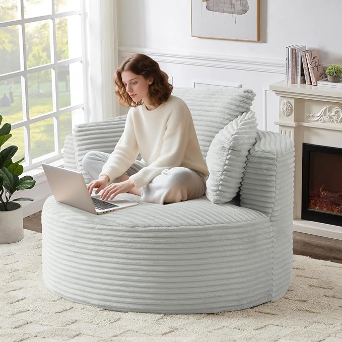 Round Chair Lounge Chaise Indoor 48.8 Oversized Sofa Chair Upholstered Corduroy Deep Seat Sleeper Sofa Bed No Assembly Required for Living Room Bedroom Apartment Light Grey