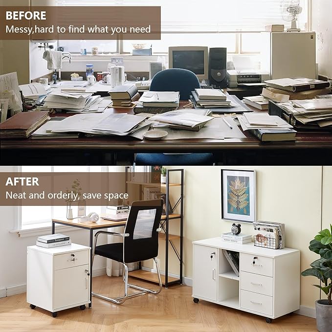 TUKAILAi Mobile File Cabinet with Lockable Drawer &amp Door Under Desk Rolling Filing Cabinet with 4 Wheels Wooden Stationery Storage Cabinet for Home Office (White)