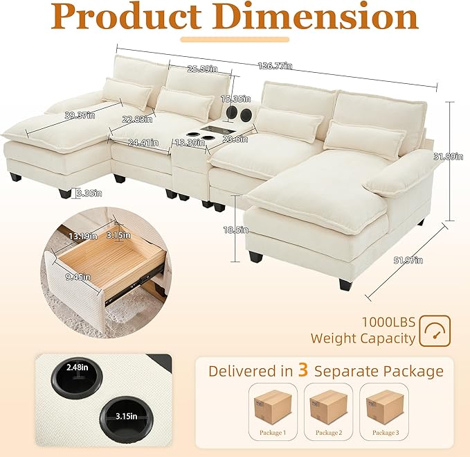 126 Modular Sectional Sofa with Storage Console Cloud Couch Chenille U-Shaped Sofa Cup Holders &amp Wireless Charger Memory Foam Double Chaise for Living Room Office Beige