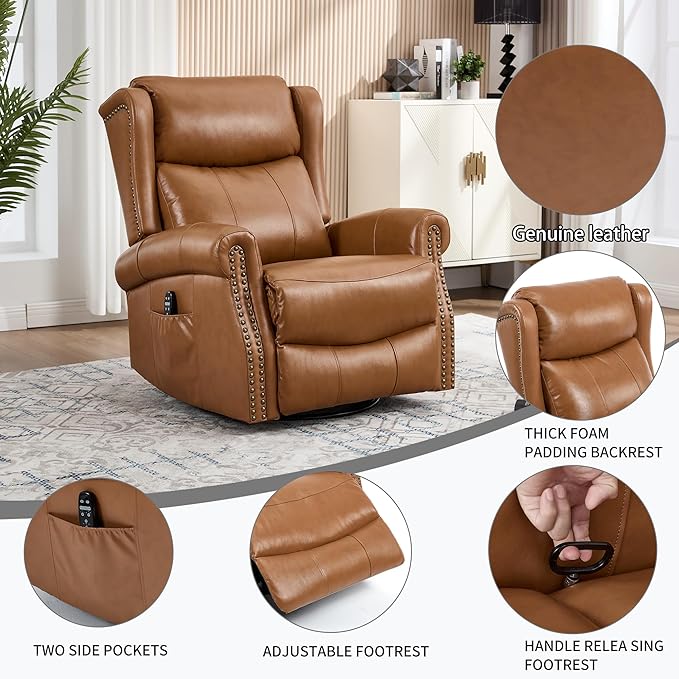 360° Swivel Glider Chair for Nursery Wingback Genuine Leather Rocking Recliner with Lumbar Heat &amp Massage 8-Point Vibration Massage for Living Room Bedroom