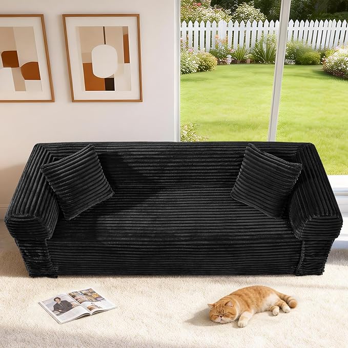 83 inch Cloud Boneless Couch for Living Room 3-Seater Sofa with Fixed-Shape Frame Single Sleeper Corduroy Sofa in A Box No Assembly Required Black