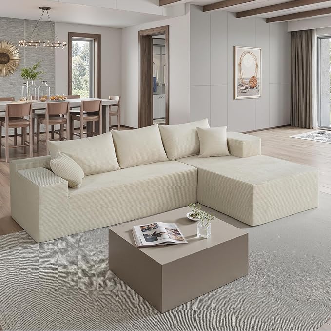 103 L Shaped Sectional Boneless Couch for Living Room Modern Modular Cloud Sofa with Right Facing Chaise Comfy Deep Seat Memory Foam Couch in Box No Assembly (1CM Wide Striped Corduroy Beige)