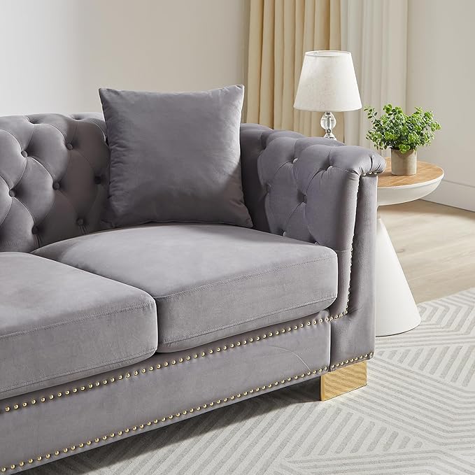 62 Chesterfield Loveseat 2 Seater Tufted Velvet Couch with Rolled Arms Mid Century Modern Love Seat with Nailhead Trim&ampRemovable Cushions&ampGold Legs Comfy Deep Seat Couches for Living Room