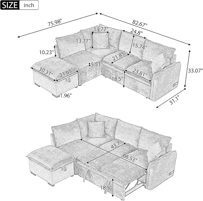 82.67 Convertible Sofa Bed Sectional Sofa Sleeper Chenille L-Shaped Sofa with Movable Storage Ottoman and 2 Pillows Pull-Out Sofa Bed Corner Couch for Living Room Office Apartment (Green-CV)