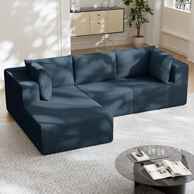 108 Boneless Couches for Living Room Modular Cloud Couch Sofa - L Shap Corduroy Sectional Sofa Fluffy Memory Foam Sleeper Sofa Furniture No Assembly Wide Armrest Navy Blue