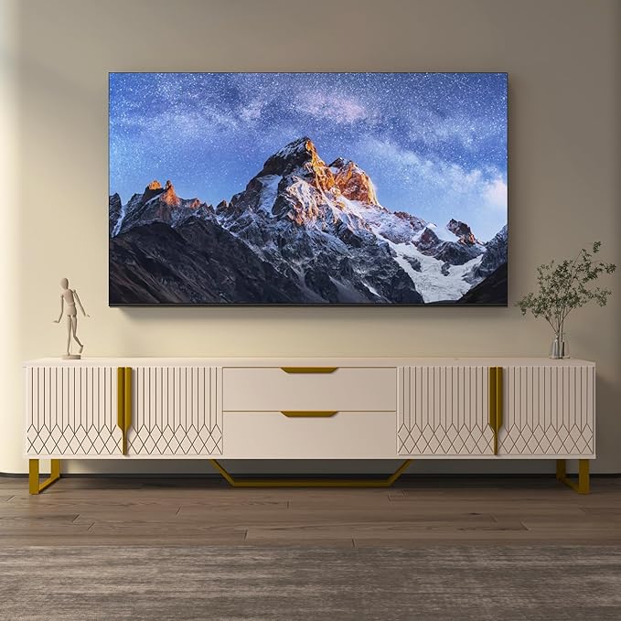 Luxury TV Stand for 55 65 75 Inch TV Carving Design Entertainment Center for 50 60 70 Inch TV Metal Legs TV Console TV Table Equipped with Two Drawers and Cabinets White