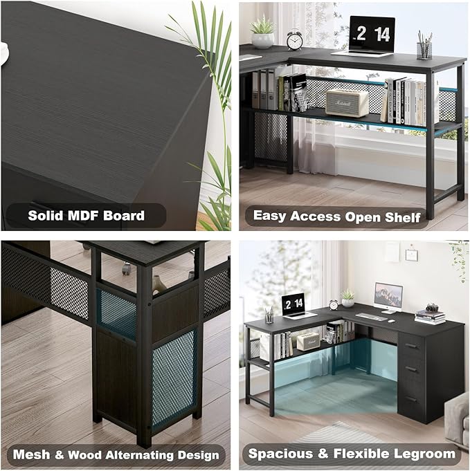 LVB Black L Shaped Desk Reversible Computer Office Desk with Drawers Modern Large L Shape Gaming Desk Table with File Cabinets Wood Executive Corner Desk with Storage Shelf for Bedroom 59 Inch