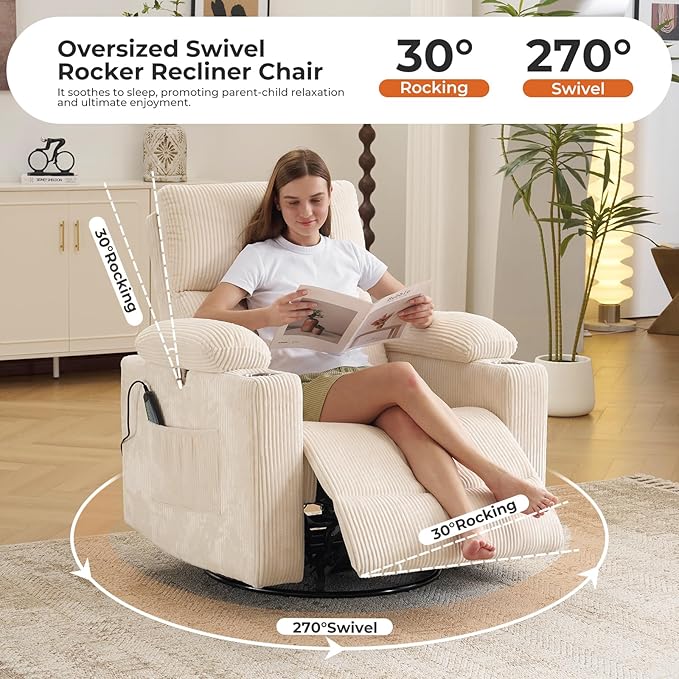 Power Recliner with Adjustable Armrests Rocking Chair Nursery with Massage and Heat Electric Glider Recliner Nursing Chair for Breastfeeding Swivel Rocker Recliner Corduroy Beige