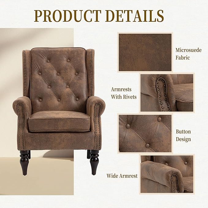 Coffee Microsuede Accent Chair Mid-Century Modern Living Room Chairs with Wingback Comfy Upholstered High Back Single Sofa Bedroom Reading Armchair with Solid Wood LegsEasy Assemble (Coffee)