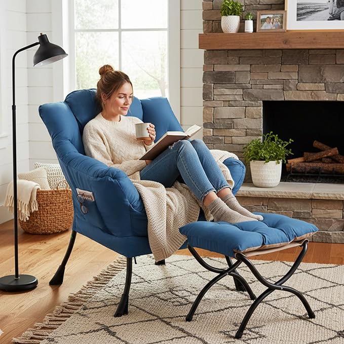 Lazy Chair with Ottoman Modern Lounge Chair with Lumbar Pillow Accent Cozy Reading Armchair and Folding Footstool for Bedroom Dorm Living RoomPeacock Blue