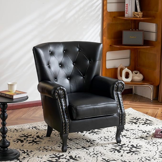 MOJAY PU Leather Accent Chair Mid-Century Modern Armchair Living Room Club Chair with Tufted Button &amp Rivet Trim Upholstered Sofa Chair with Sturdy Wood Legs for Bedroom (Black)