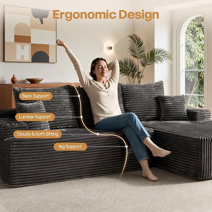 96 LShaped Modular Sectional Sofa Couch - Comfy Upholstered Cloud Couches for Living Room - Modern Minimalist CouchDeep SeatNo Assembly Required (GrayPlush Corduroy Right Facing Chaise) | No Asse