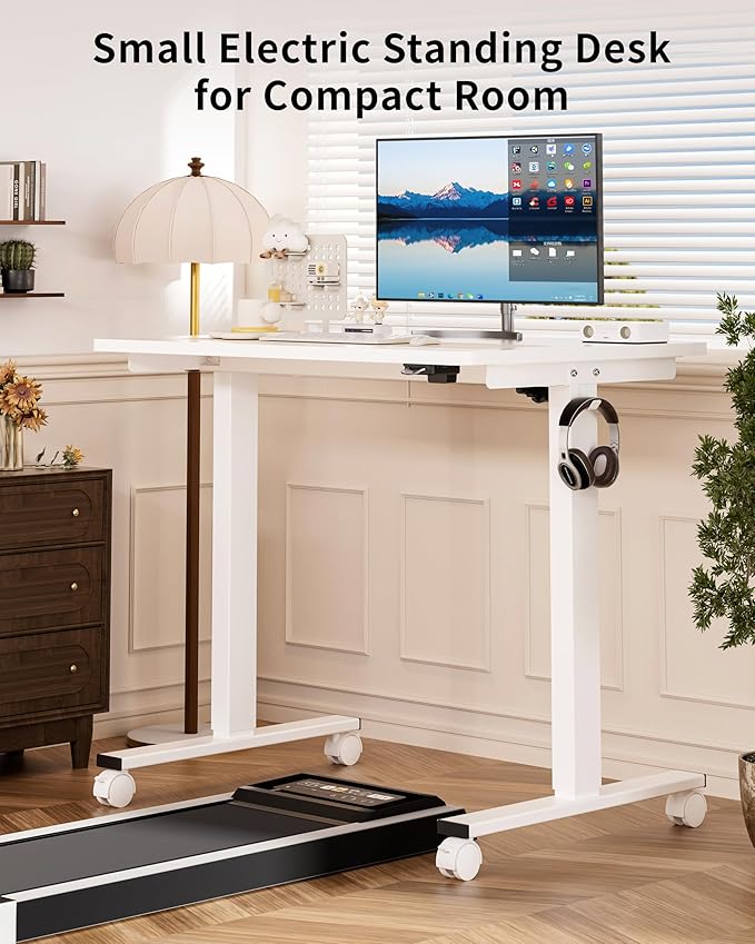 Okin Small Electric Standing Desk 36 x 24 Whole Piece Height Adjustable Desk White Sit to Stand Computer Workstation with Wheels for Home Office