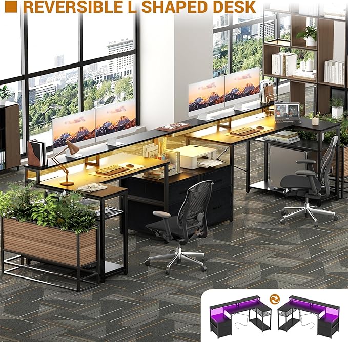 Aheaplus L Shaped Desk with File Drawer Reversible L Shaped Computer Desk Gaming Desk with Power Outlet &amp LED Strip Home Office Desk with Monitor Shelf Corner Desk with Storage Shelves Black