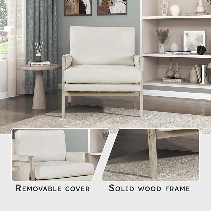 Lexicon Living Room Accent Chair with Wire-Brushed Light Brownish-Gray Wood Frame Chenille Upholstered Arm Chair with Wrapped Arm Rest Thick Seat Cushion Cream