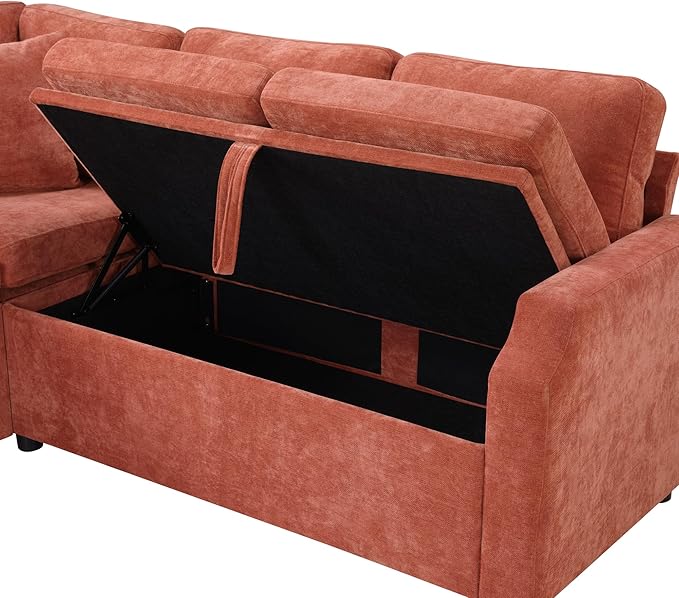 81.9 Sectional Sofa Convertible Pull-Out Sofa Bed Upholstered L-Shaped Sofa Couch with a Sofa Sleeper and a Hidden Storage Compartment for Living Room Apartment (Orange-7.2)