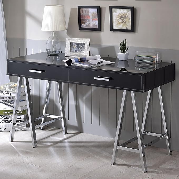 Modern Black &amp Chrome Writing Desk with Two Drawers - Home Office Desk Student Desk Contemporary Wood &amp Metal Desk