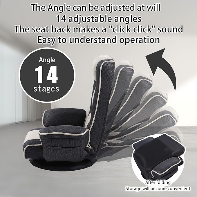 FLOGUOR 360 Degree Swivle Adjustable Floor Chair Chaise Lounge Indoor Folding Lazy Sofa with Armrests and Side Pocket Adults Gaming Chairs for Living Room Bedroom Factory Price 201 (BK-GR)