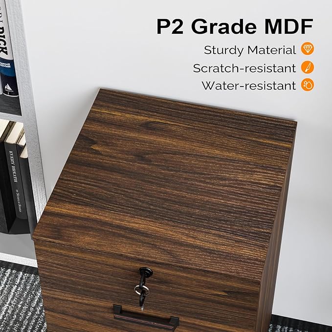 VINGLI 2 Drawer File Cabinet with Lock Wood Dark Brown File Cabinets for Letter Size File Folders with Tabs Under Desk Rolling Filing Cabinet for Home Office Mobile File Organizer Printer Stand