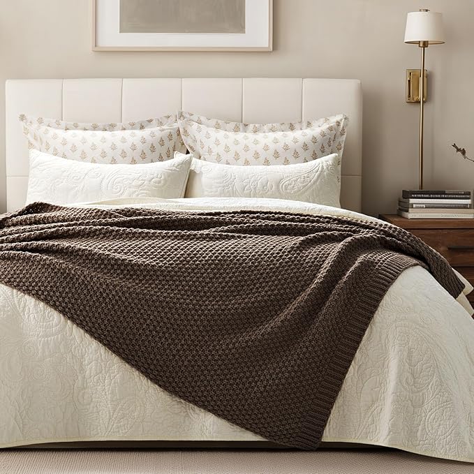 EVERGRACEHOME Chunky Chenille Knit Throw Blanket for Couch Soft Luxurious Moss Stitch Blankets for Bed Cozy Decorative Farmhouse Knitted Throws for Sofa Cocoa Brown 60 x 80