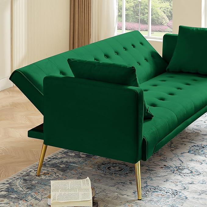 Anwick Modern Velvet Futon Sofa Bed: 72 Satin Convertible 2 Pillows Tufted Back Golden Metal Legs Folding Sleeper Loveseat for Small Space Home Office Living Room (Green)