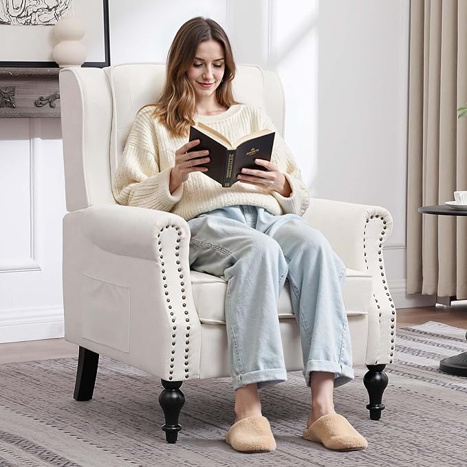 Modern Accent Chair Set Of 2 Wingback Living Room Chairs With High Back Accent Upholstered Armchair With Vintage Legs Comfy Sofa Chair Accent Chairs Set For Bedroom Home Office Reading WHITE