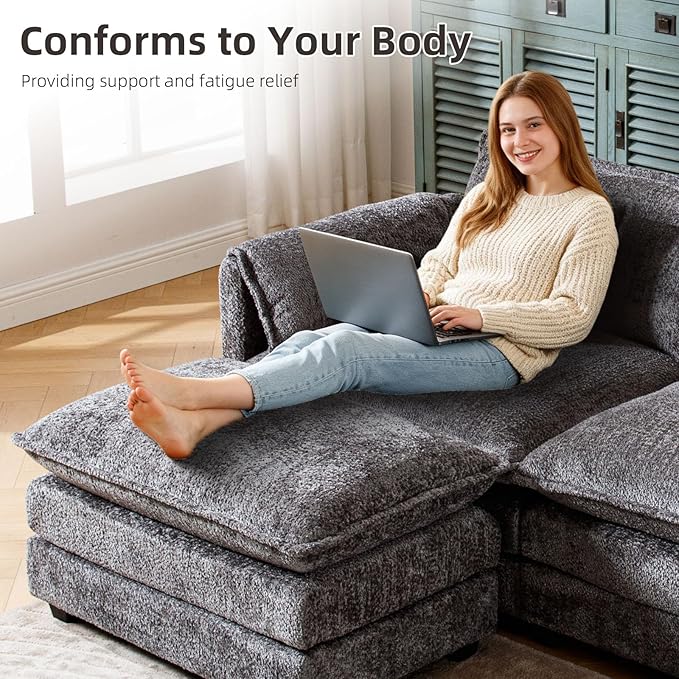 GNIXUU 112 Modular Cloud Couch Sofa Modern Chenille L Shaped Sectional Couches for Living Room Comfy Deep 4 Seater Sofa with Movable Ottoman &amp 2 Pillows(Gray)