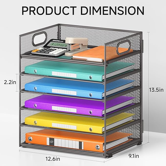 6 Tiers Letter Tray Paper Organizer With Handle Mesh Desk File Organizer Metal Desktop Document Shelf Paper Sorter for Office Home or School File Folder Holder - Grey