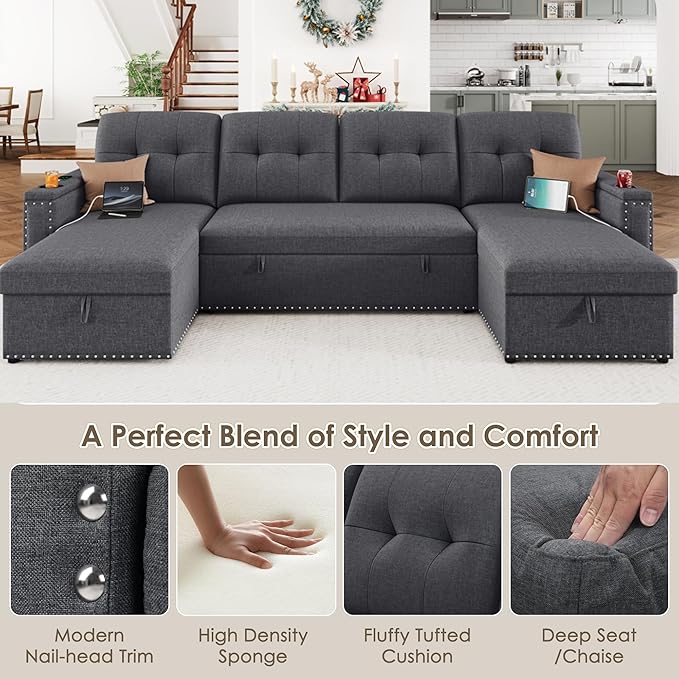 HIFIT 106 Sectional Couches for Living Room- Pull Out Sleeper Sofa Couch w/Storage ChaiseStorage ArmrestLED Light&ampUSB Port&ampCupholder Modern Linen U Shaped Home Sofa Living Room Furniture S