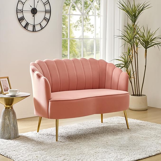 Velvet Upholstered Loveseat Sofa with Gold Metal Legs Modern Comfy Small Love Seat with Flower Shaped Back 2-Seater Sofa Accent Couch for Living Bedroom Leisure Areas
