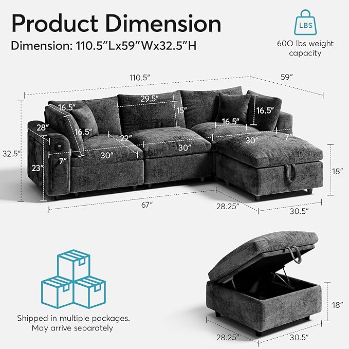 Cloud Modular Sectional Sofa L-Shaped 3-Seat Deep Seat with Storage Ottoman Solid Wood Frame Wide Armrests USB/Type-C &amp Cup Holders Modern Chenille Couch for Living RoomDark Gray
