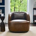 KINWELL 33''W 100% Top Grain Genuine Leather Swivel Barrel Armchair No Assembly Round Upholstered Leather Accent Chairs with Toss Pillow for Living Room Office Lounge (Dark Brown Genuine Leather)
