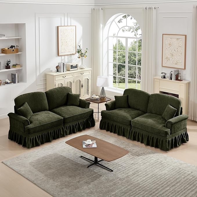 2 Piece Modular Sectional Couch Living Room Sofa Set 2 Seater+2 Seater Loveseat Sofa Sets for ApartmentRemovable Ruffles Pleats SkirtsGreen