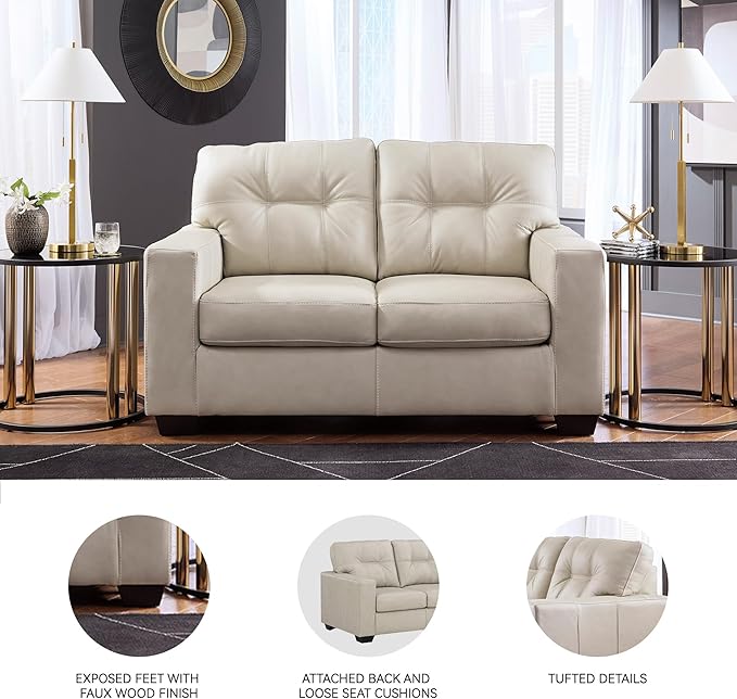 Signature Design by Ashley Santorine Classic Leather Match Loveseat with Tufted Cushion and Removable Cushion Light Gray