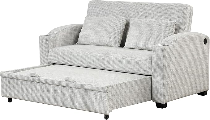 Merax 61.6 Pull Out Sleeper Sofa Bed Modern Chenille Convertible Loveseat Sofa with Adjsutable Backrest 2 Pillows Cup Holders USB Ports for Living Room Apartment White+Gray