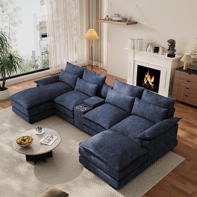 OUYESSIR 135 U Shaped Sectional Cloud CouchBlue Sectional Couches for Living RoomComfy Fluffy Chenille Oversized Cloud CouchModular Sectional Sofa with Central Console &amp Double Chaise Lounge