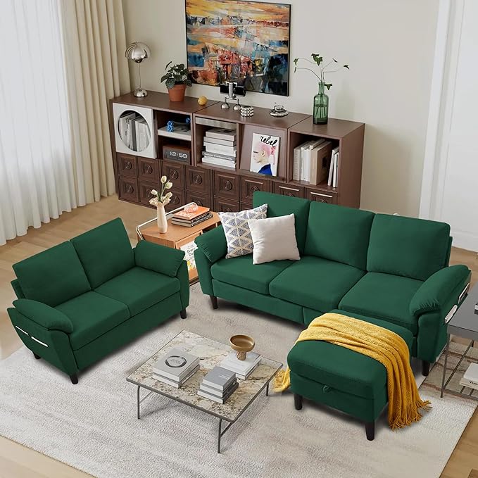 Convertible Sectional Sofa Set 79 Modern L Shaped Couch and 57 Loveseat Linen Upholstered 3 Seat Sofa Couches for Living Room Apartment Green
