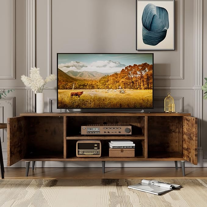 JUMMICO TV Stand for 65 Inch TV Mid Century Modern TV Stand Entertainment Center with Storage Cabinet and Open Shelves TV Console Table Media Cabinet for Living Room and Bedroom (Rustic Brown)