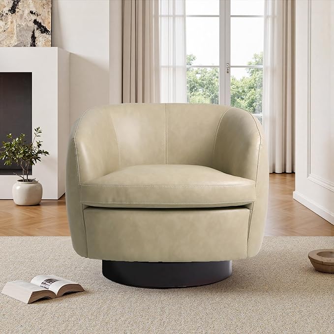 Faux Leather Swivel Barrel Chairs Set of 2 Modern Round Swivel Accent Chair with 360° Rotation Upholstered Armchair Club Chair for Living Room Bedroom Office (Cream)