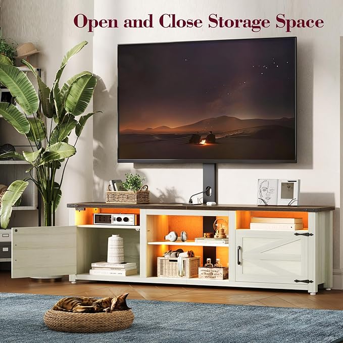 Farmhouse TV Stand with Mount and Charging Station LED Lights 70 Entertainment Center with Height Adjustable Swivel Mount and Barn Doors Storage Cabinets for TVs Up to 75 inch