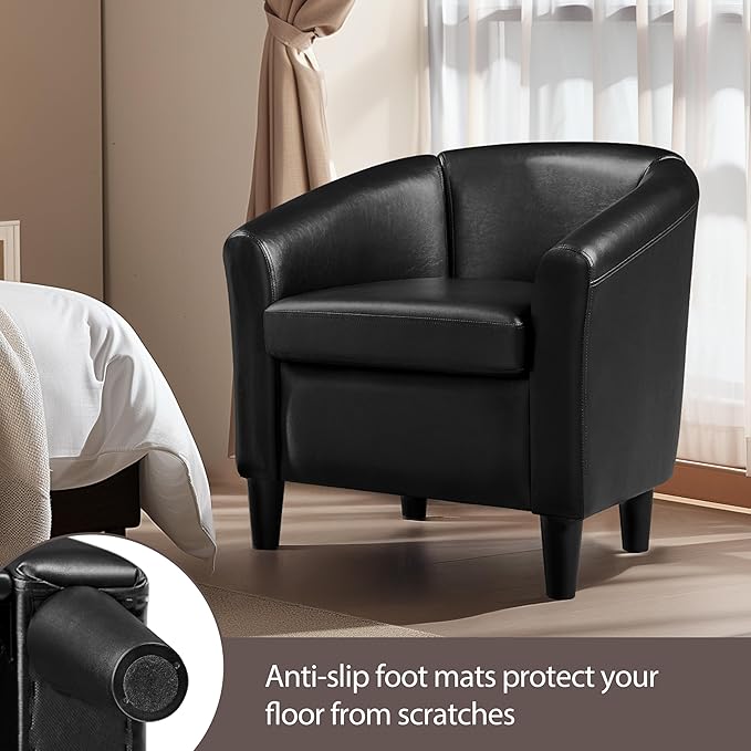 Topeakmart Faux Leather Club Chair Modern Accent Chair and Cozy Barrel Armchair with Sturdy Legs for Living Room Bedroom Reception Room Black